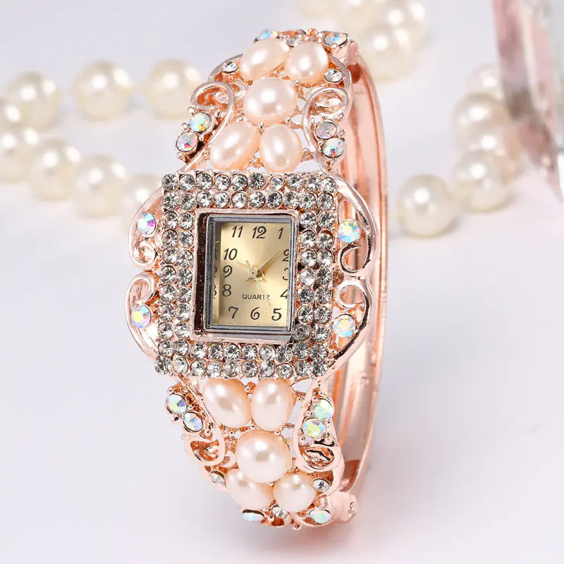 Pearl and Diamond Women's Hollow Bangle Watch