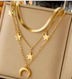 Triple 18K Gold Necklace with Stars and Moon (Three Pieces)