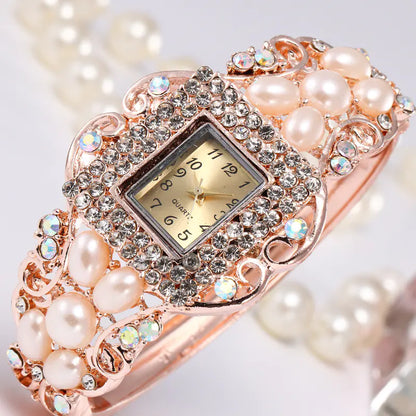 Pearl and Diamond Women's Hollow Bangle Watch