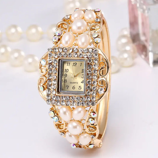 Pearl and Diamond Women's Hollow Bangle Watch