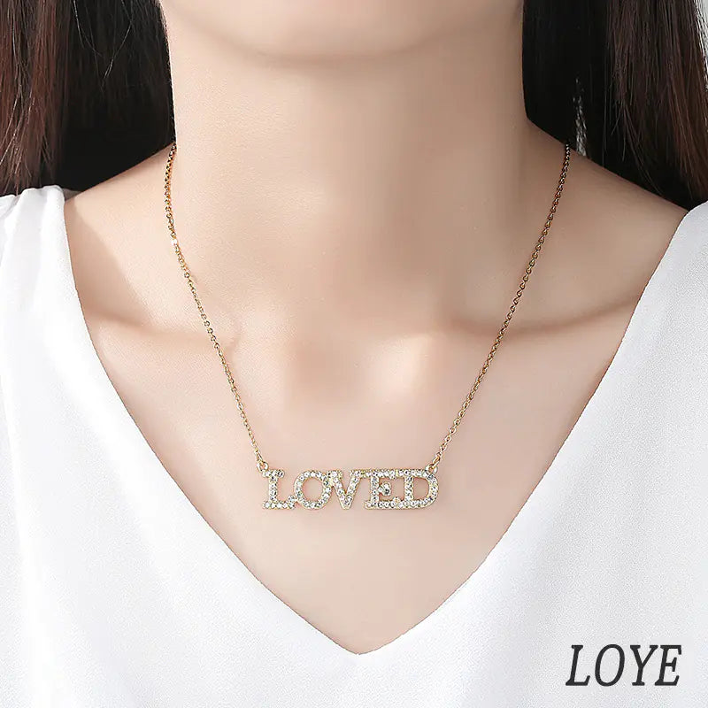 Gold "LOVED" Letter Necklace with Zircon Pendant