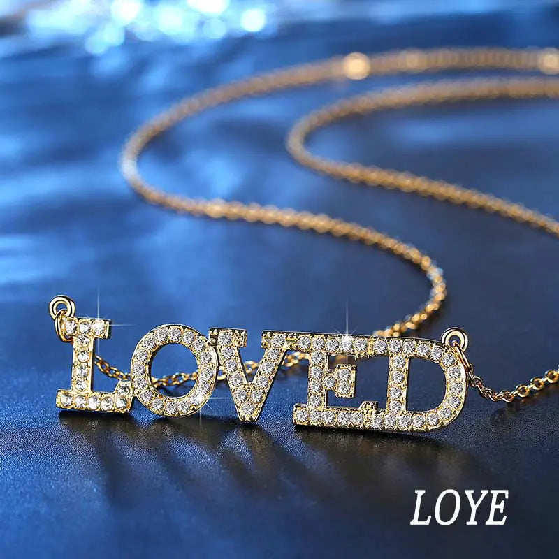Gold "LOVED" Letter Necklace with Zircon Pendant